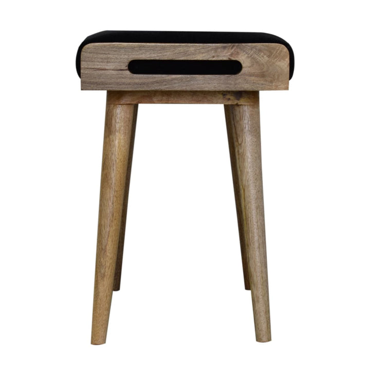 Black Velvet Tray Style Footstool - Solid Mango Wood Accent Stool for Living Room - product view 9 showing handcrafted...