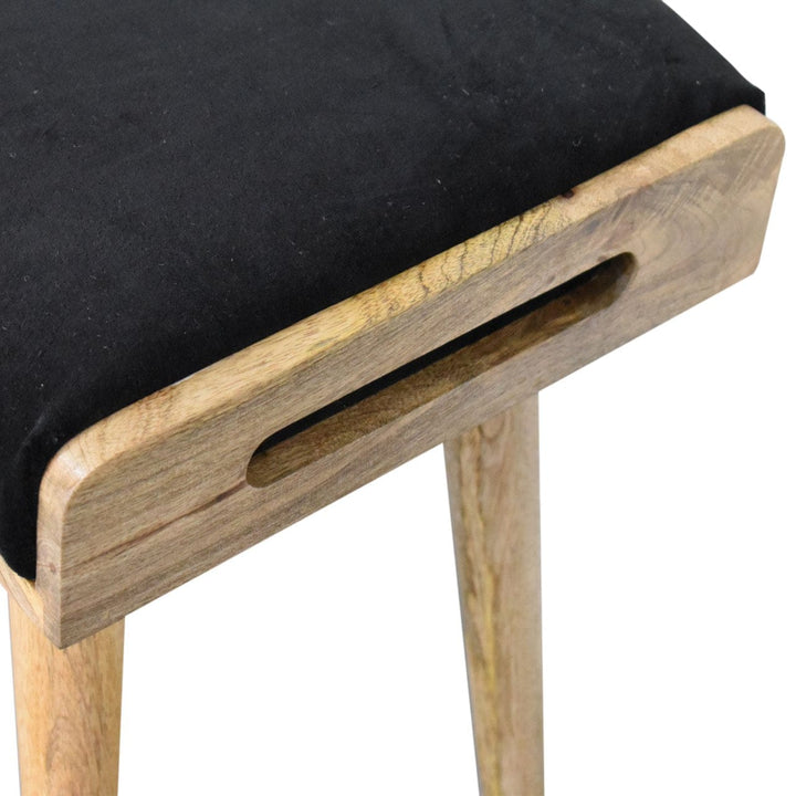 Black Velvet Tray Style Footstool - Solid Mango Wood Accent Stool for Living Room - product view 7 showing handcrafted...
