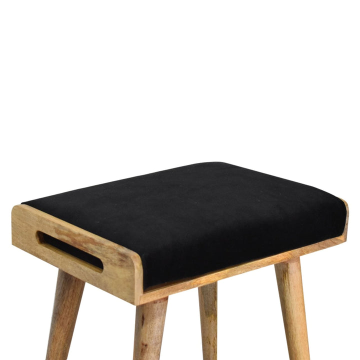 Black Velvet Tray Style Footstool - Solid Mango Wood Accent Stool for Living Room - product view 6 showing handcrafted...
