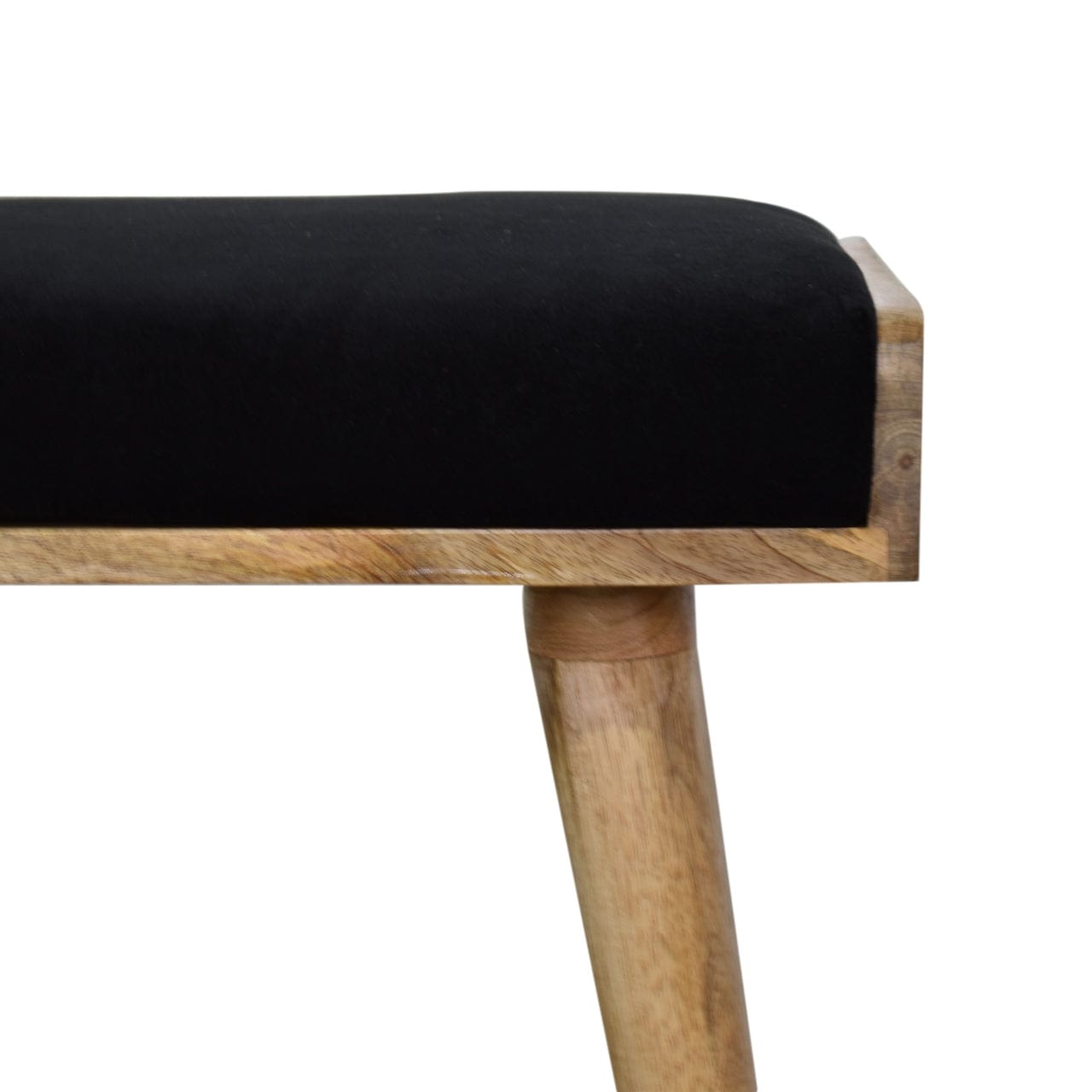 Black Velvet Tray Style Footstool - Solid Mango Wood Accent Stool for Living Room - product view 5 showing handcrafted...