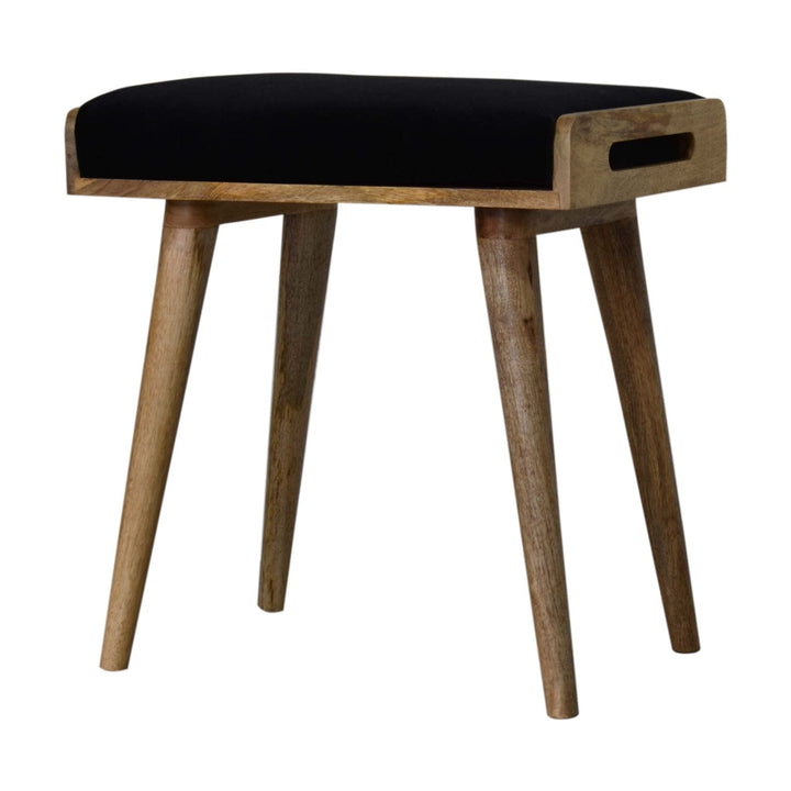 Black Velvet Tray Style Footstool - Solid Mango Wood Accent Stool for Living Room - product view 4 showing handcrafted...