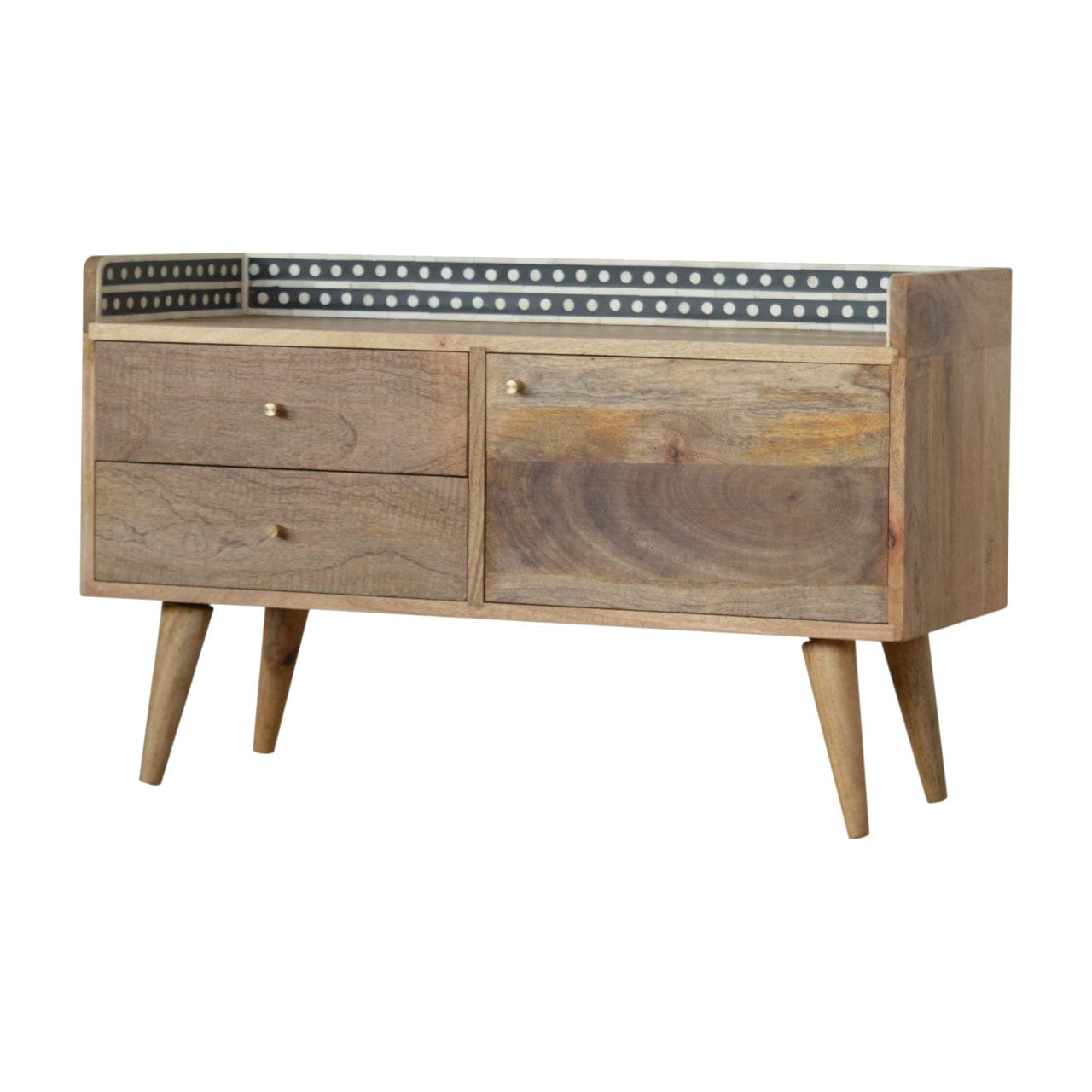 Bone Inlay Gallery Back TV Stand - Solid Mango Wood Entertainment Center for Living Room - product view 2 showing...