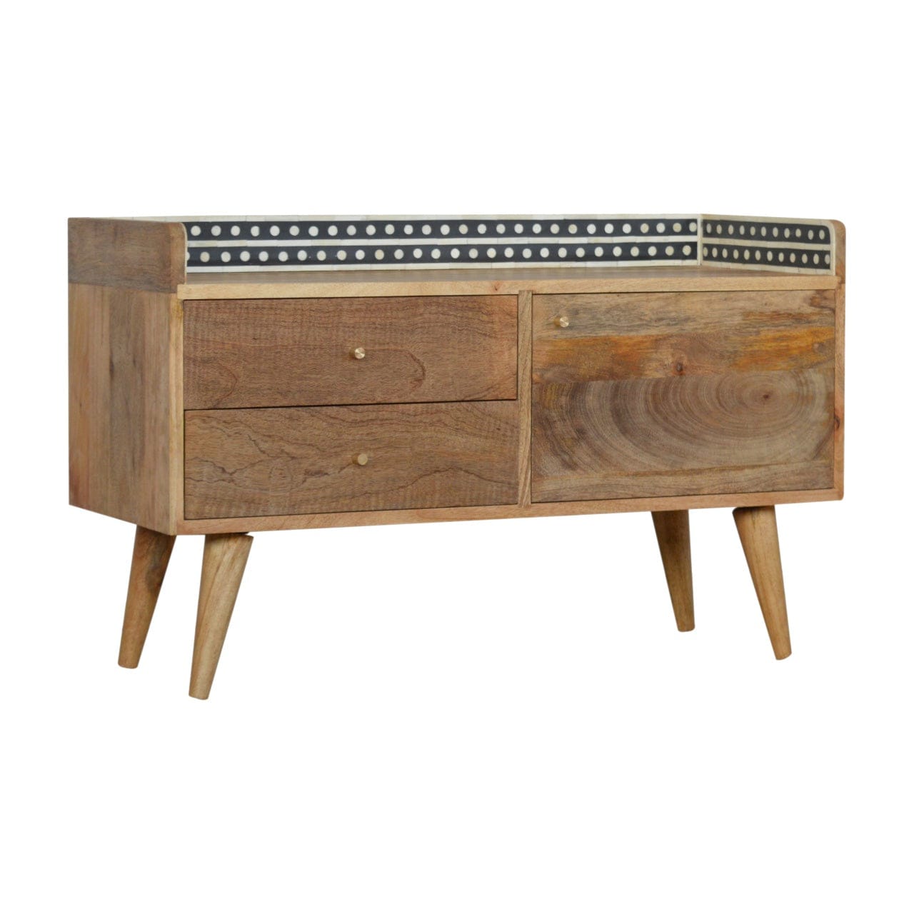 Bone Inlay Gallery Back TV Stand - Solid Mango Wood Entertainment Center for Living Room - main view showing handcrafted...