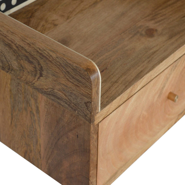 Bone Inlay Gallery Floating Nightstand - Solid Mango Wood Bedside Table for Bedroom - product view 5 showing handcrafted...