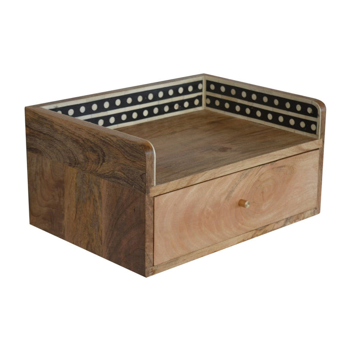Bone Inlay Gallery Floating Nightstand - Solid Mango Wood Bedside Table for Bedroom - product view 4 showing handcrafted...