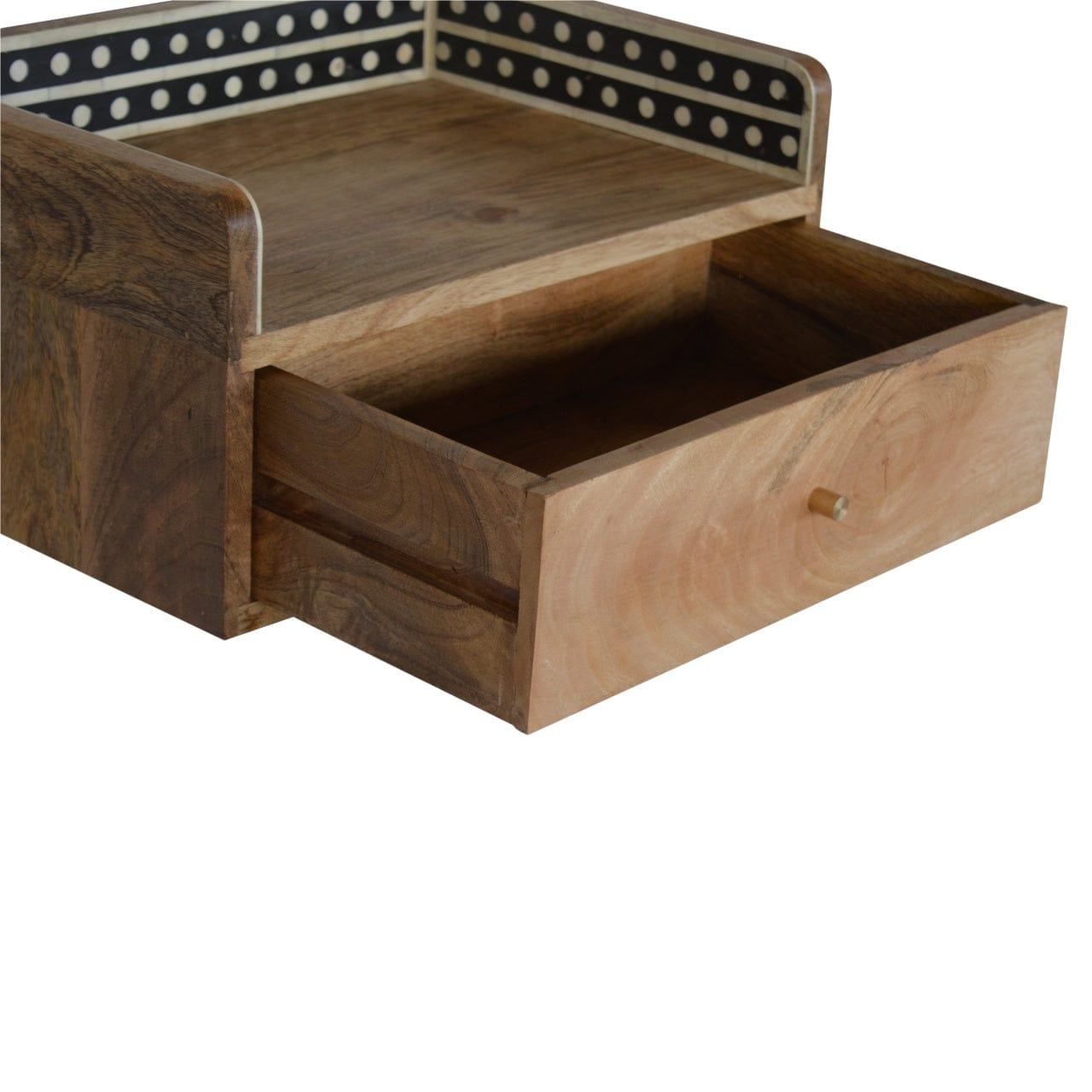 Bone Inlay Gallery Floating Nightstand - Solid Mango Wood Bedside Table for Bedroom - product view 3 showing handcrafted...