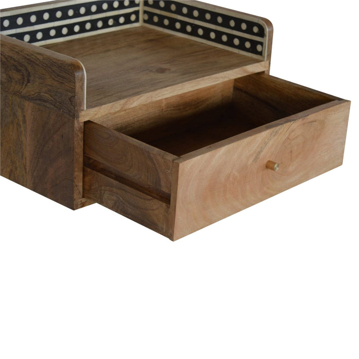 Bone Inlay Gallery Floating Nightstand - Solid Mango Wood Bedside Table for Bedroom - product view 3 showing handcrafted...