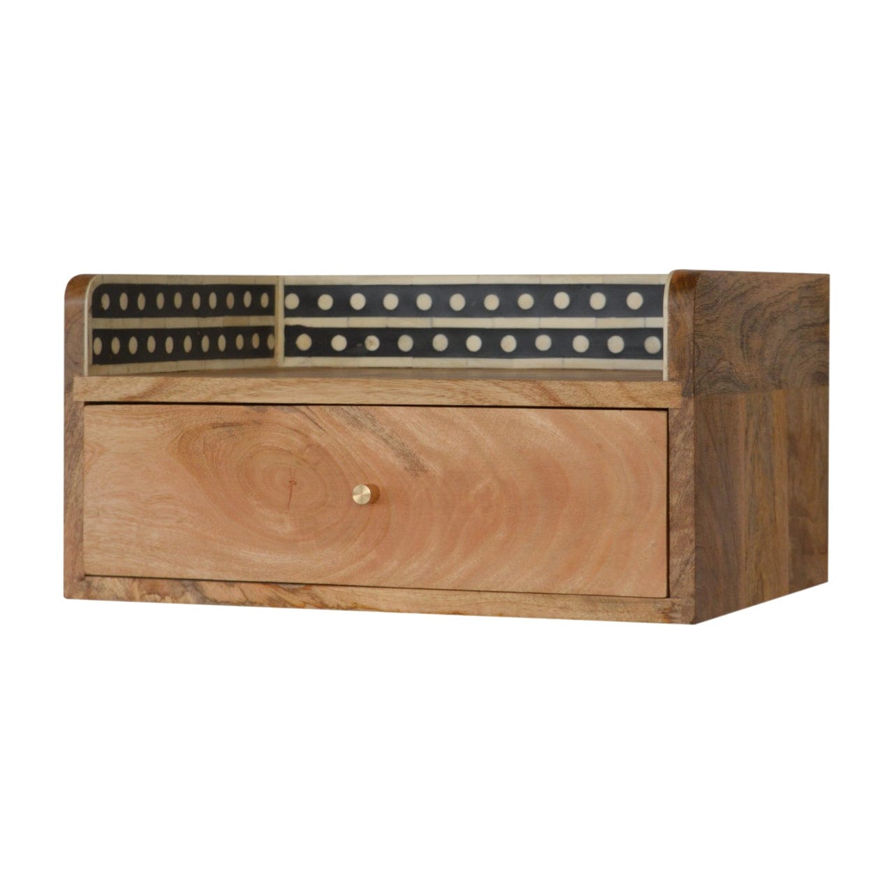 Bone Inlay Gallery Floating Nightstand - Solid Mango Wood Bedside Table for Bedroom - product view 2 showing handcrafted...