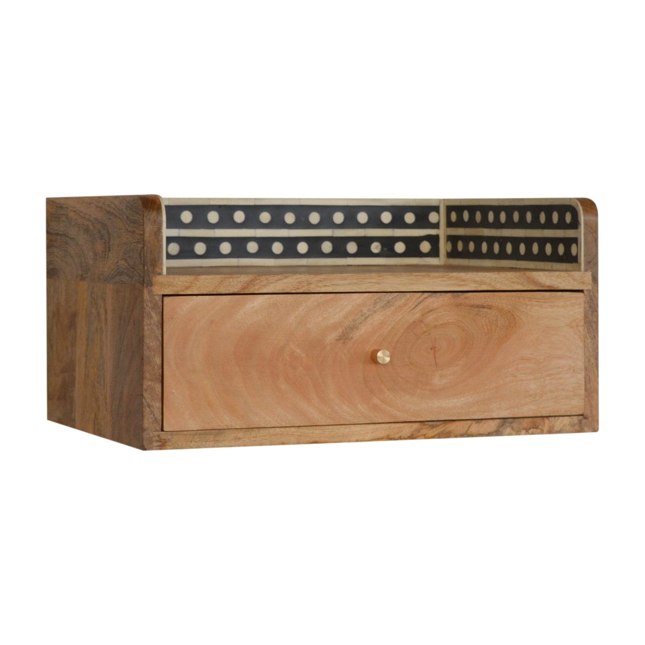 Bone Inlay Gallery Floating Nightstand - Solid Mango Wood Bedside Table for Bedroom - main view showing handcrafted solid...