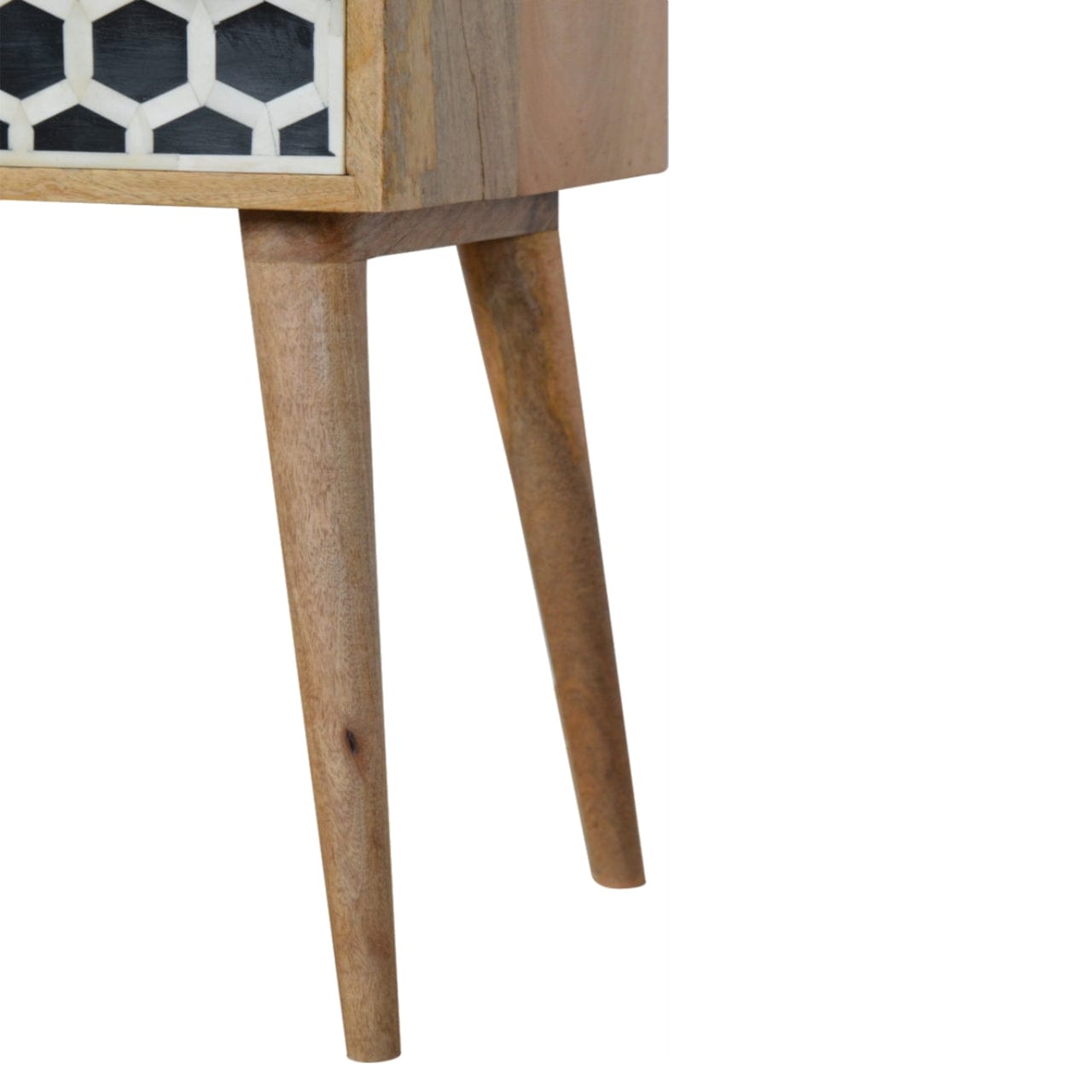 Bone Inlay Nightstand - Solid Mango Wood Bedside Table for Bedroom - product view 6 showing handcrafted solid mango wood...