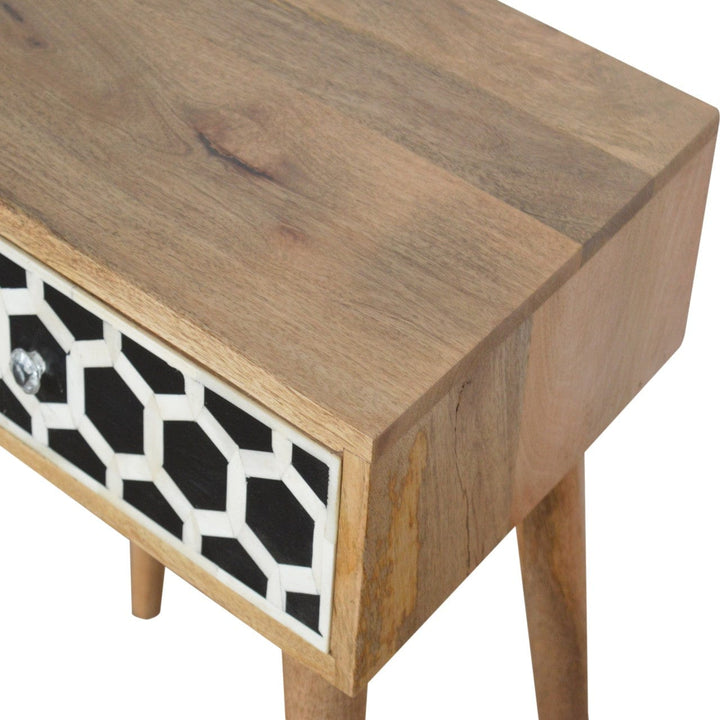 Bone Inlay Nightstand - Solid Mango Wood Bedside Table for Bedroom - product view 5 showing handcrafted solid mango wood...