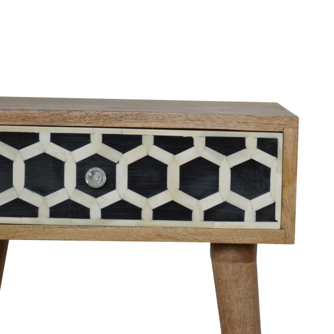 Bone Inlay Nightstand - Solid Mango Wood Bedside Table for Bedroom - product view 4 showing handcrafted solid mango wood...