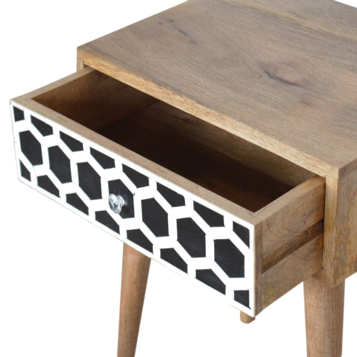 Bone Inlay Nightstand - Solid Mango Wood Bedside Table for Bedroom - product view 3 showing handcrafted solid mango wood...