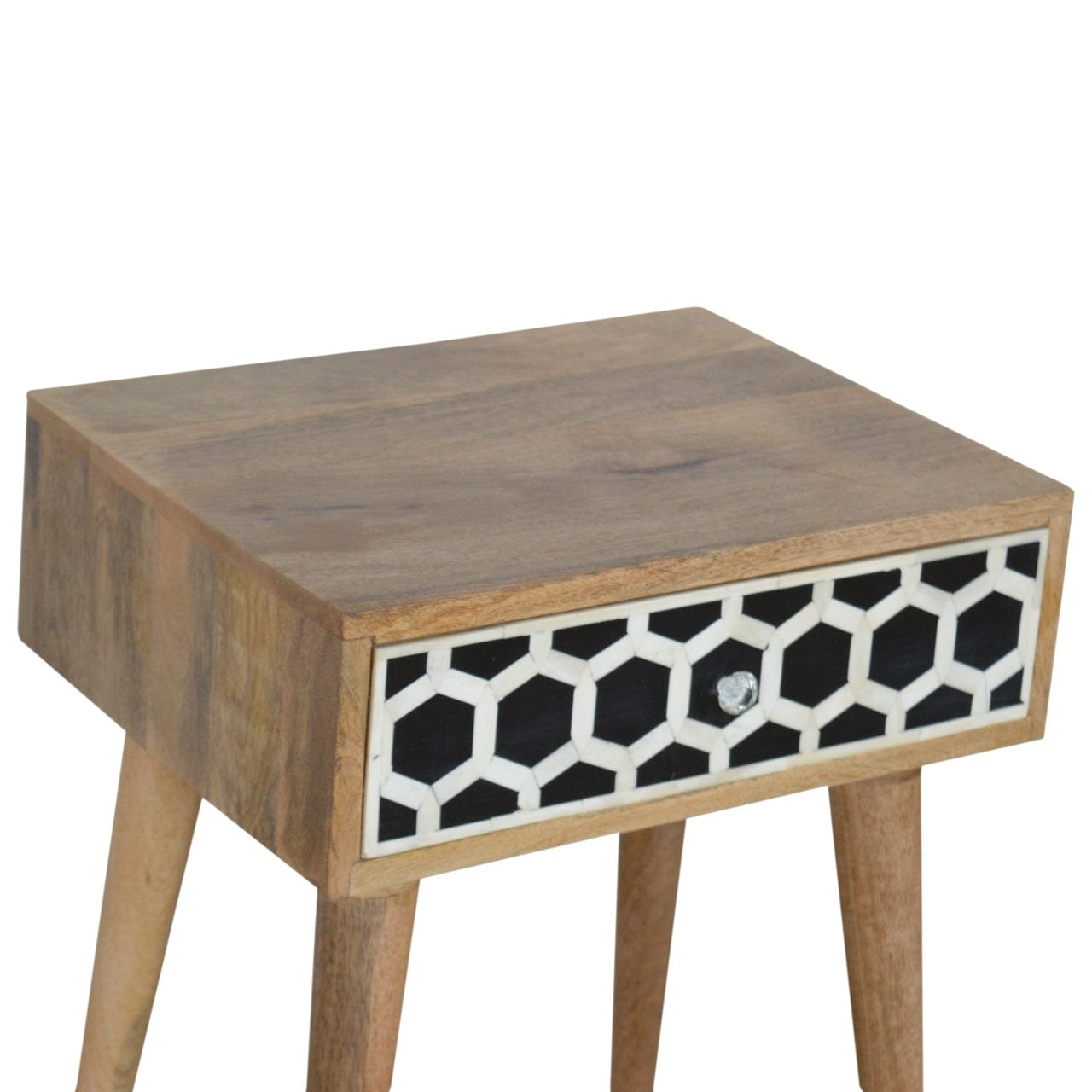 Bone Inlay Nightstand - Solid Mango Wood Bedside Table for Bedroom - product view 2 showing handcrafted solid mango wood...