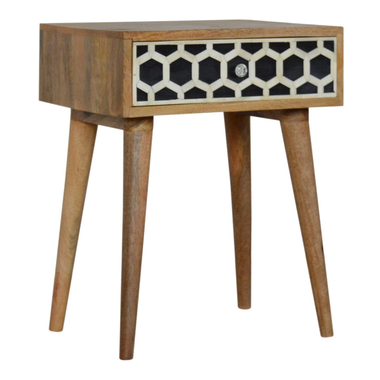 Bone Inlay Nightstand - Solid Mango Wood Bedside Table for Bedroom - main view showing handcrafted solid mango wood...