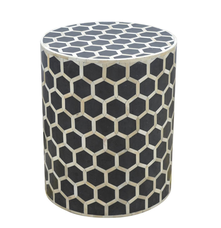 Bone Inlay Occasional Stool - Solid Mango Wood Accent Seating - main view showing handcrafted solid mango wood stool