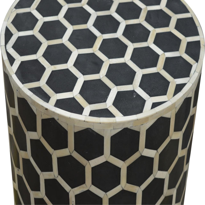Bone Inlay Occasional Stool - Solid Mango Wood Accent Seating - product view 3 showing handcrafted solid mango wood stool