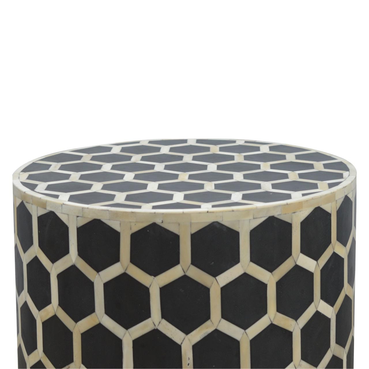 Bone Inlay Occasional Stool - Solid Mango Wood Accent Seating - product view 2 showing handcrafted solid mango wood stool