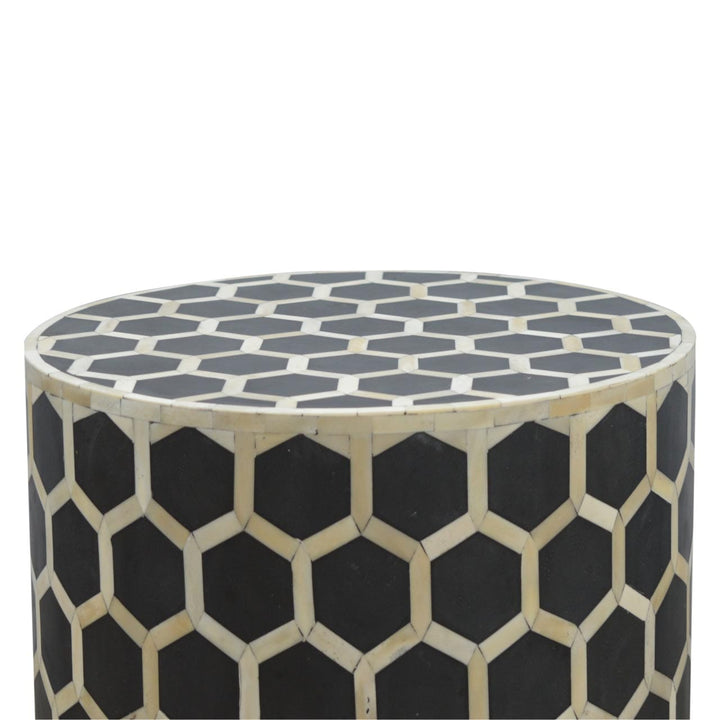 Bone Inlay Occasional Stool - Solid Mango Wood Accent Seating - product view 2 showing handcrafted solid mango wood stool