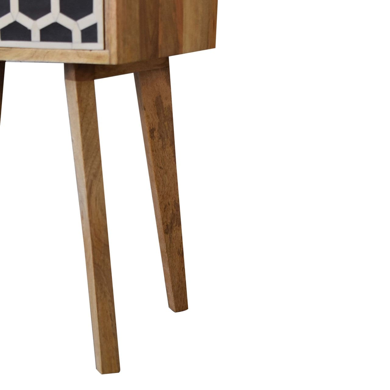 Bone Inlay Tapered Nightstand - Solid Mango Wood Bedside Table for Bedroom - product view 6 showing handcrafted solid...