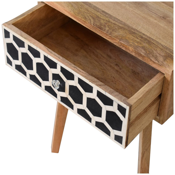 Bone Inlay Tapered Nightstand - Solid Mango Wood Bedside Table for Bedroom - product view 5 showing handcrafted solid...