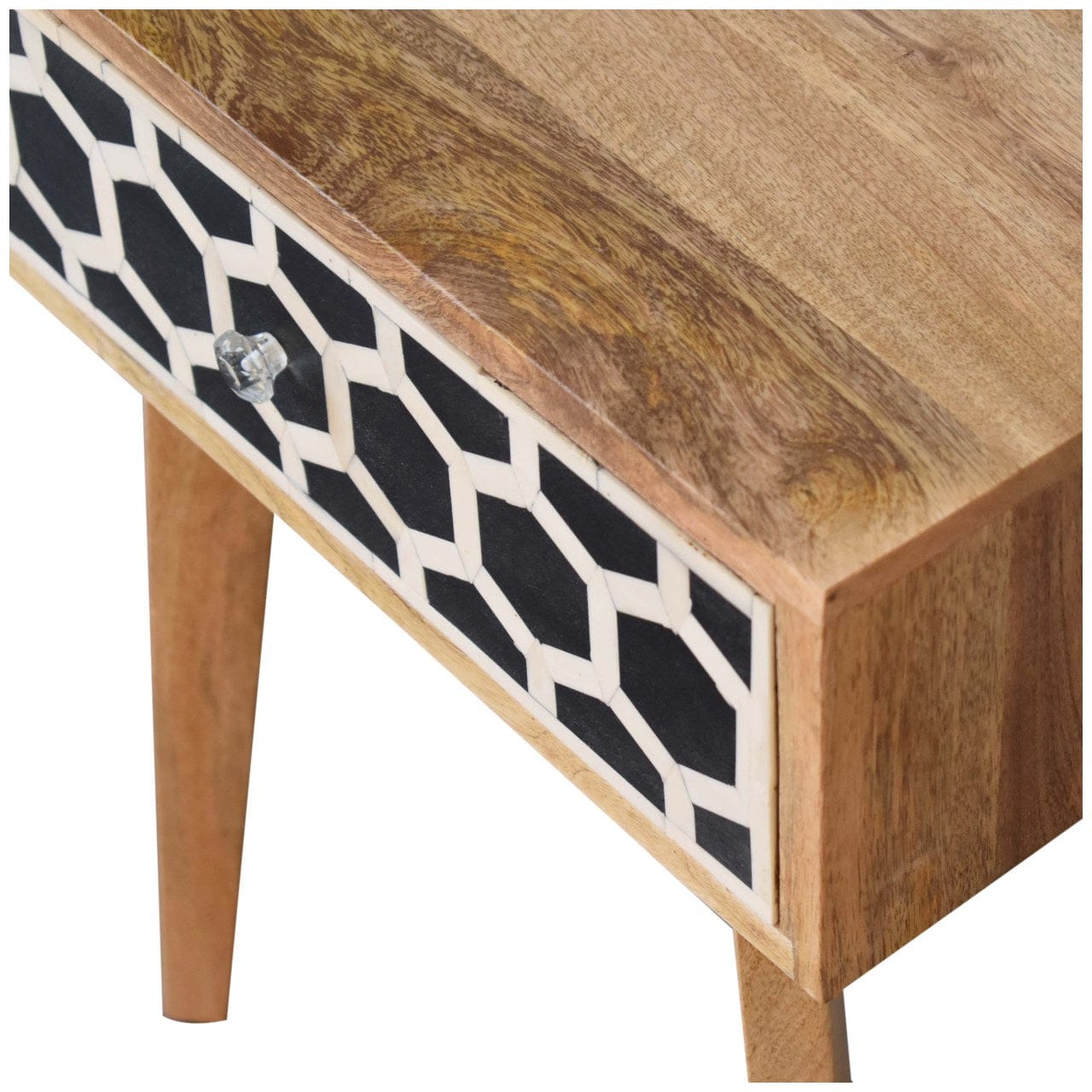 Bone Inlay Tapered Nightstand - Solid Mango Wood Bedside Table for Bedroom - product view 4 showing handcrafted solid...