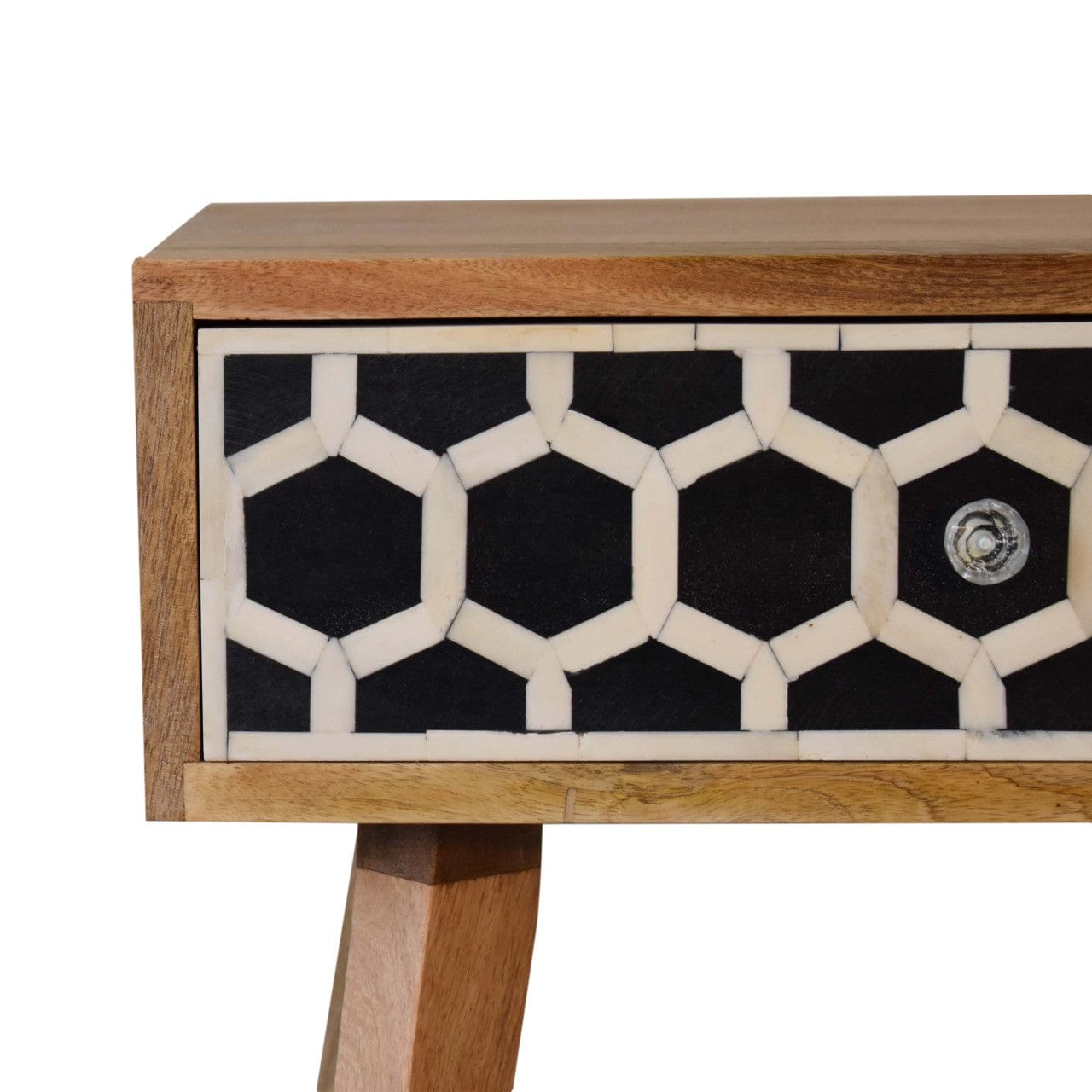 Bone Inlay Tapered Nightstand - Solid Mango Wood Bedside Table for Bedroom - product view 3 showing handcrafted solid...