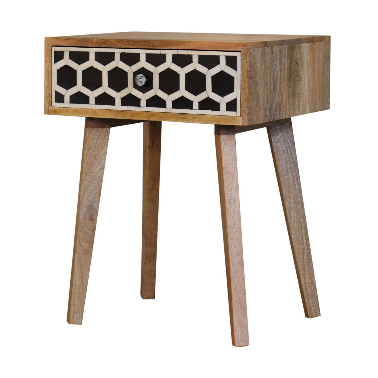 Bone Inlay Tapered Nightstand - Solid Mango Wood Bedside Table for Bedroom - product view 2 showing handcrafted solid...