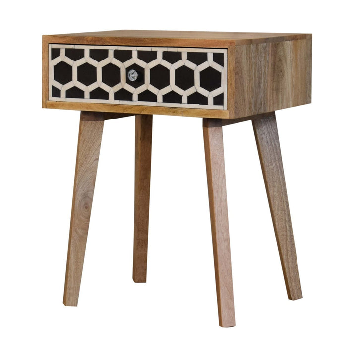 Bone Inlay Tapered Nightstand - Solid Mango Wood Bedside Table for Bedroom - product view 2 showing handcrafted solid...