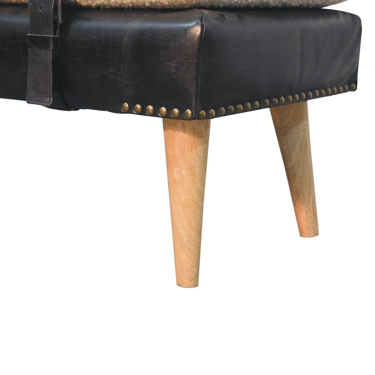 Bouclé Buffalo Hide Black Leather Bench - Solid Mango Wood Seating Furniture for Entryway - product view 8 showing...