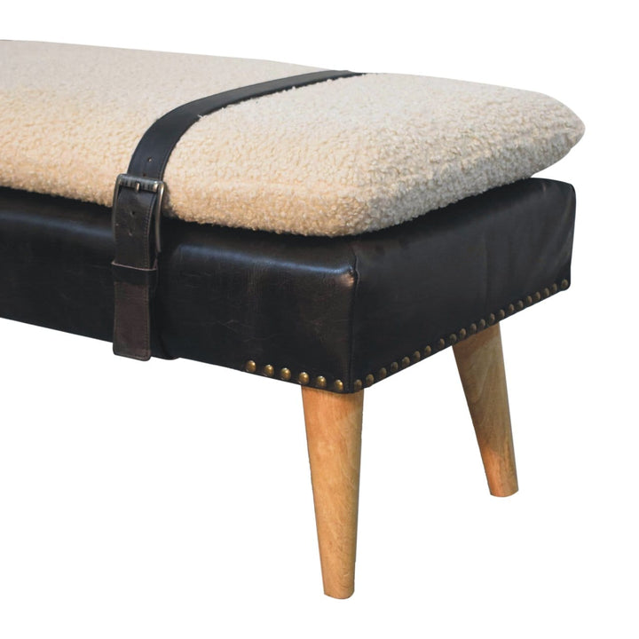 Bouclé Buffalo Hide Black Leather Bench - Solid Mango Wood Seating Furniture for Entryway - product view 7 showing...