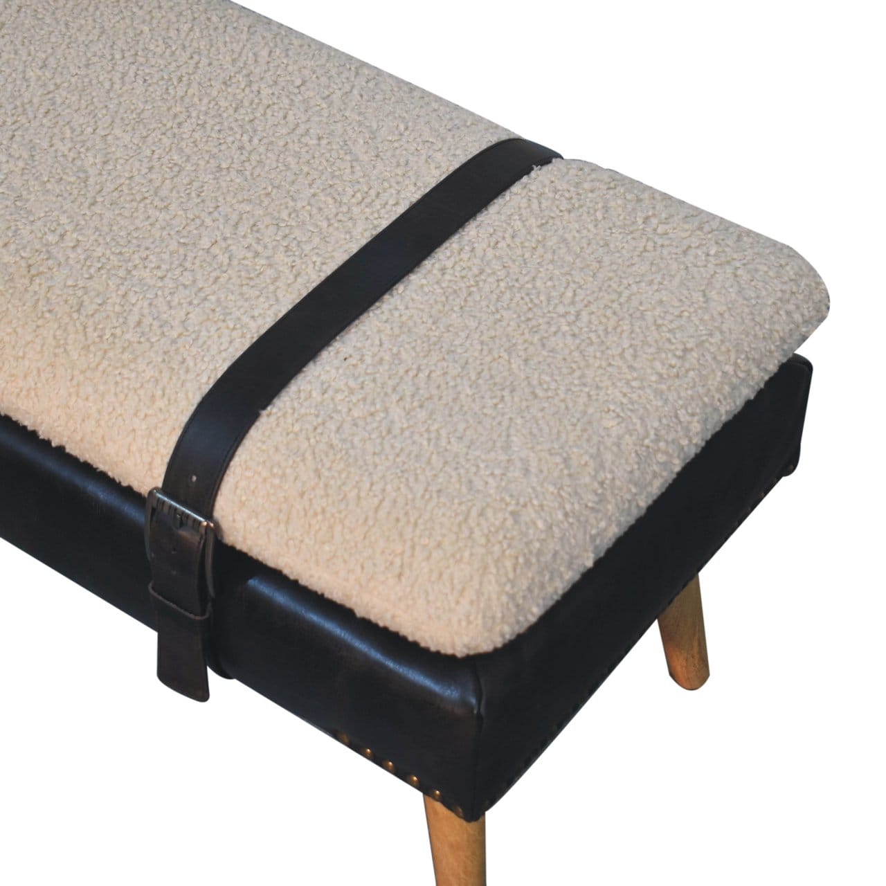 Bouclé Buffalo Hide Black Leather Bench - Solid Mango Wood Seating Furniture for Entryway - product view 6 showing...