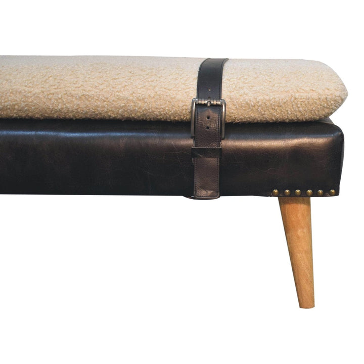 Bouclé Buffalo Hide Black Leather Bench - Solid Mango Wood Seating Furniture for Entryway - product view 5 showing...