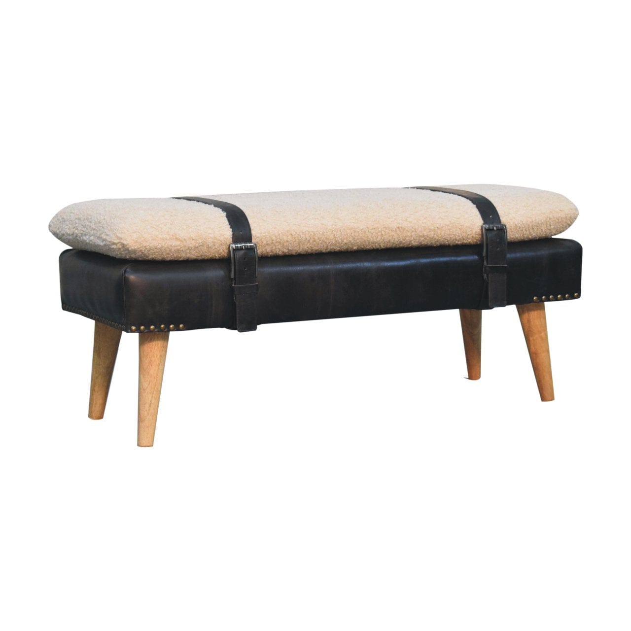 Bouclé Buffalo Hide Black Leather Bench - Solid Mango Wood Seating Furniture for Entryway - product view 3 showing...