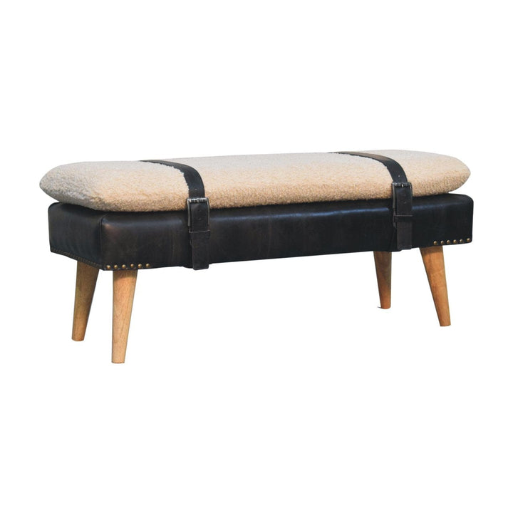 Bouclé Buffalo Hide Black Leather Bench - Solid Mango Wood Seating Furniture for Entryway - product view 3 showing...