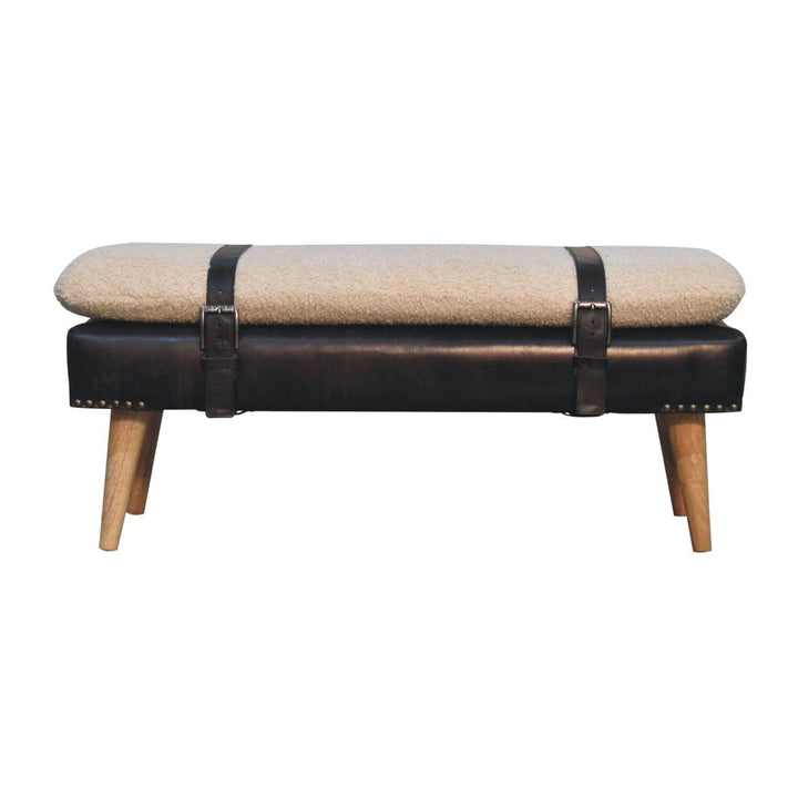 Bouclé Buffalo Hide Black Leather Bench - Solid Mango Wood Seating Furniture for Entryway - product view 2 showing...