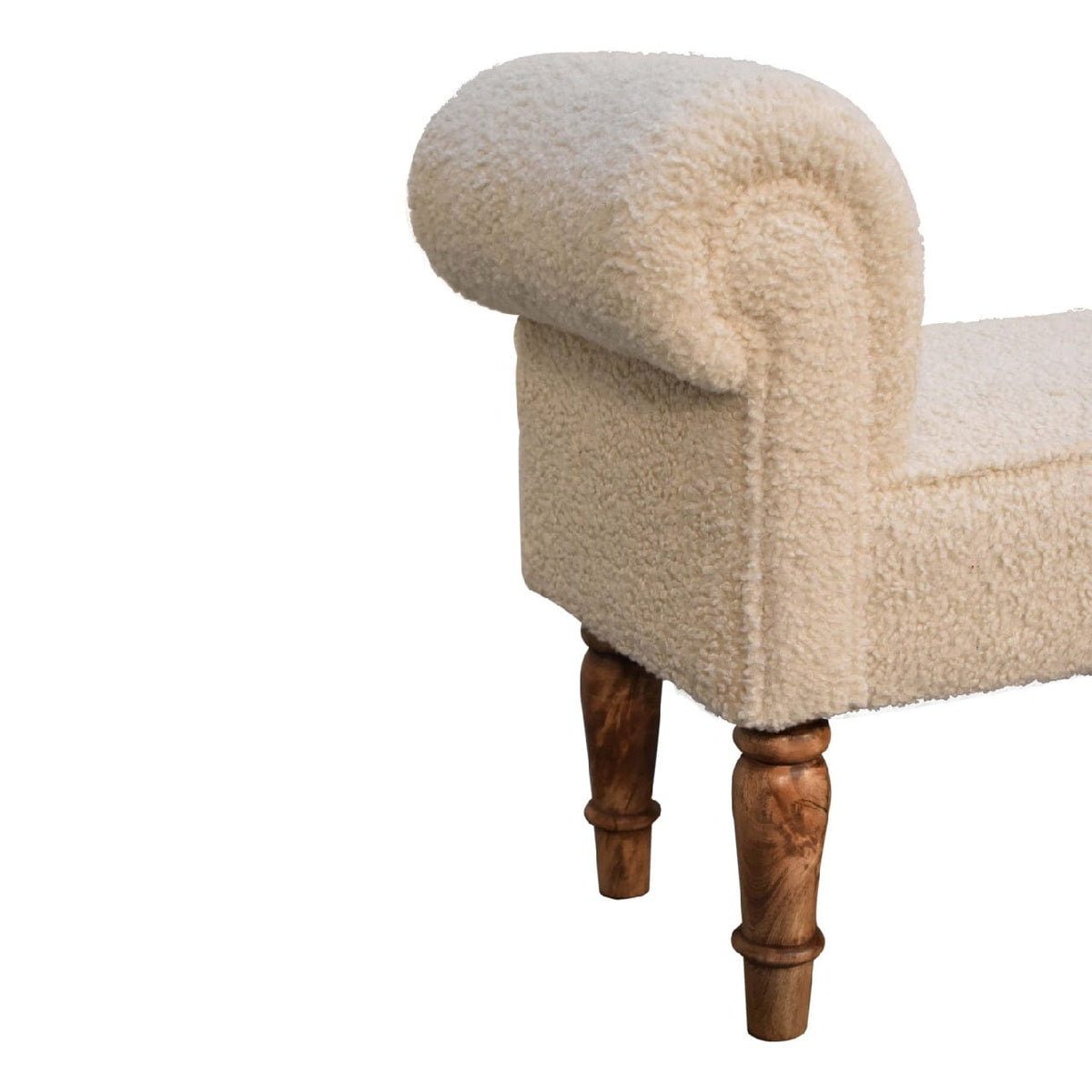 Boucle Cream Bench - Solid Mango Wood Seating Furniture for Entryway - product view 7 showing handcrafted solid mango...