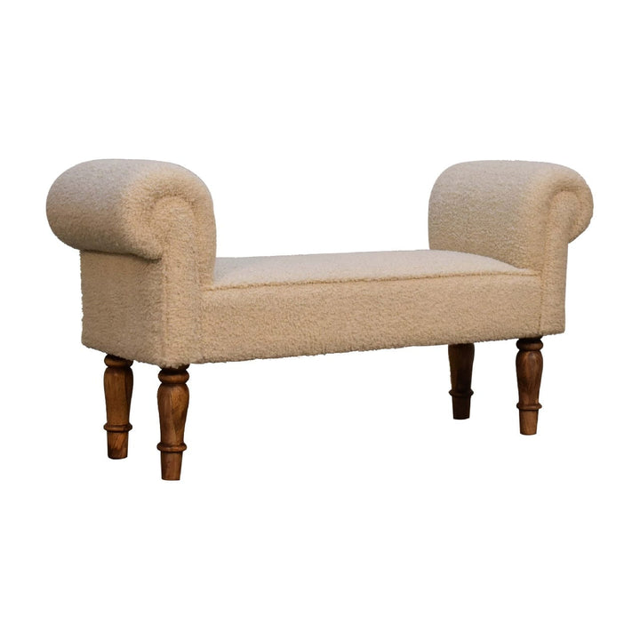 Boucle Cream Bench - Solid Mango Wood Seating Furniture for Entryway - product view 3 showing handcrafted solid mango...