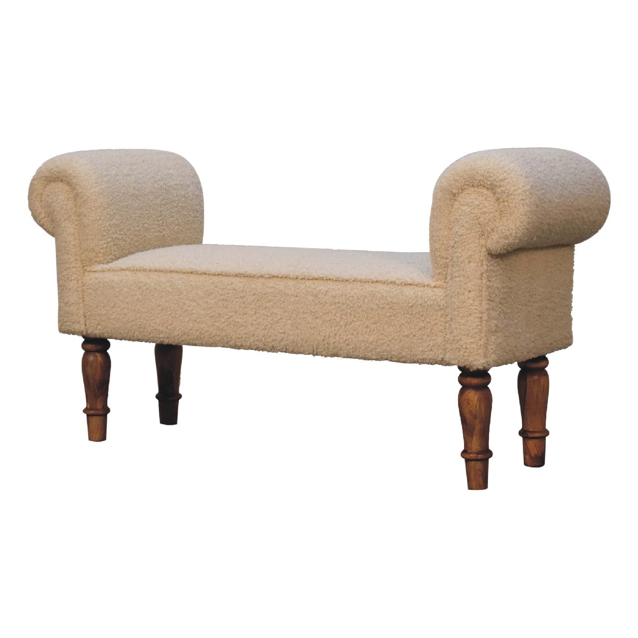 Boucle Cream Bench - Solid Mango Wood Seating Furniture for Entryway - product view 2 showing handcrafted solid mango...