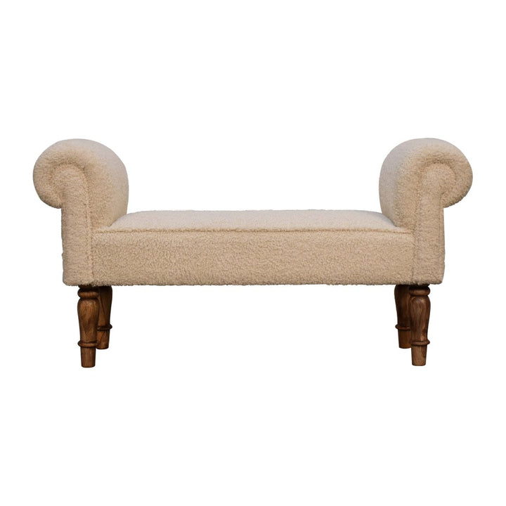 Boucle Cream Bench - Solid Mango Wood Seating Furniture for Entryway - main view showing handcrafted solid mango wood bench