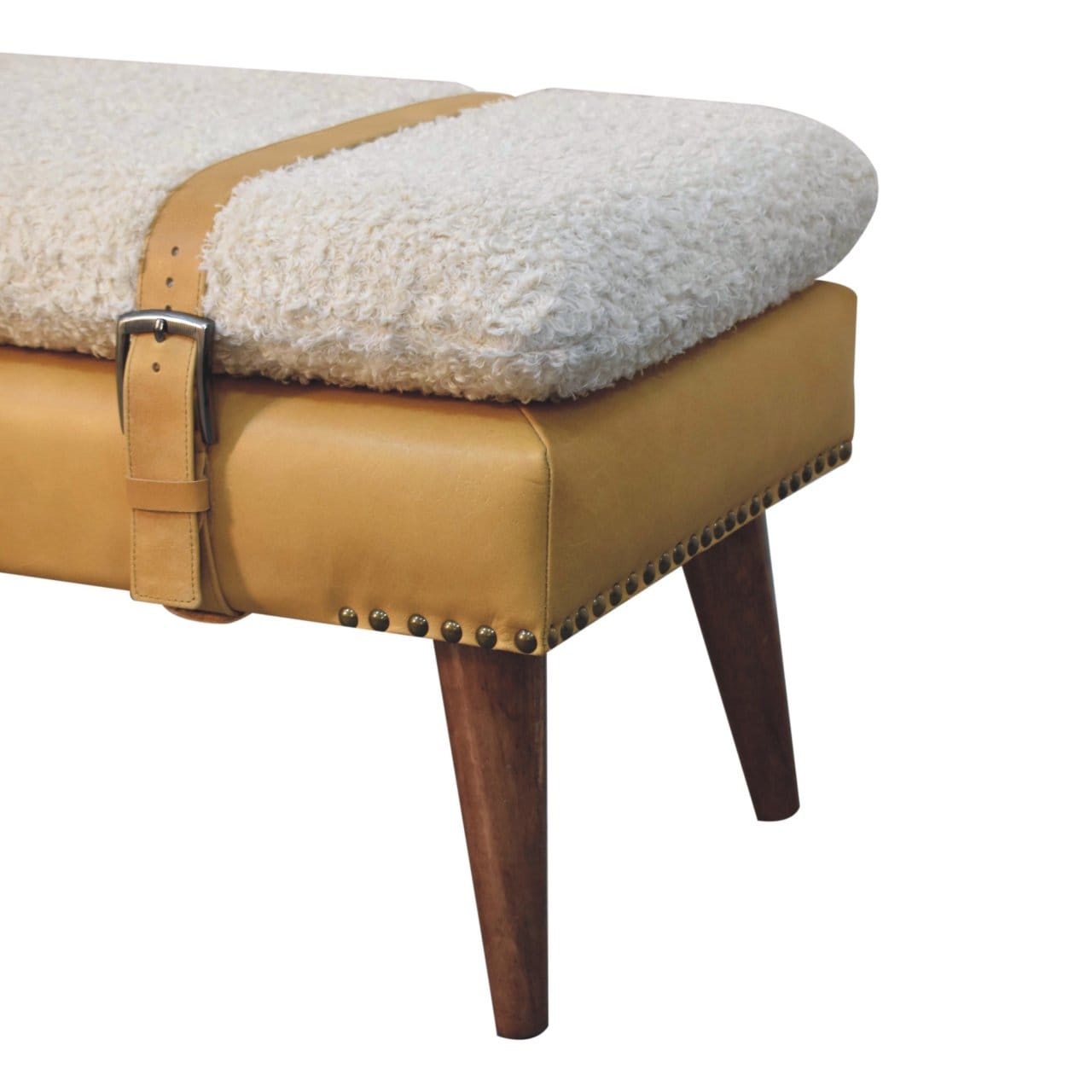 Boucle x Tan Leather Bench - Solid Mango Wood Seating Furniture for Entryway with a cozy upholstered seat and wooden legs.