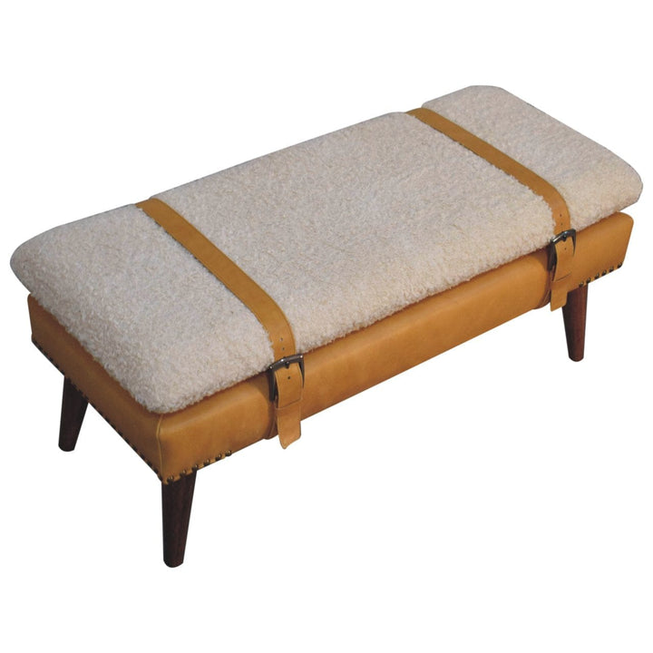 Boucle x Tan Leather Bench - Solid Mango Wood Seating Furniture for Entryway, featuring a plush cushion and rustic design.