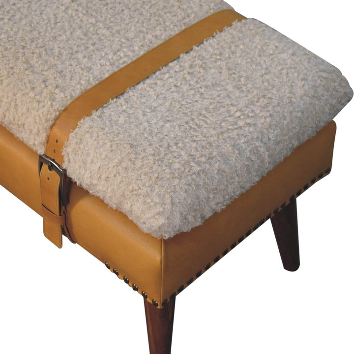 Boucle x Tan Leather Bench - Solid Mango Wood Seating Furniture for Entryway with plush texture and leather strap
