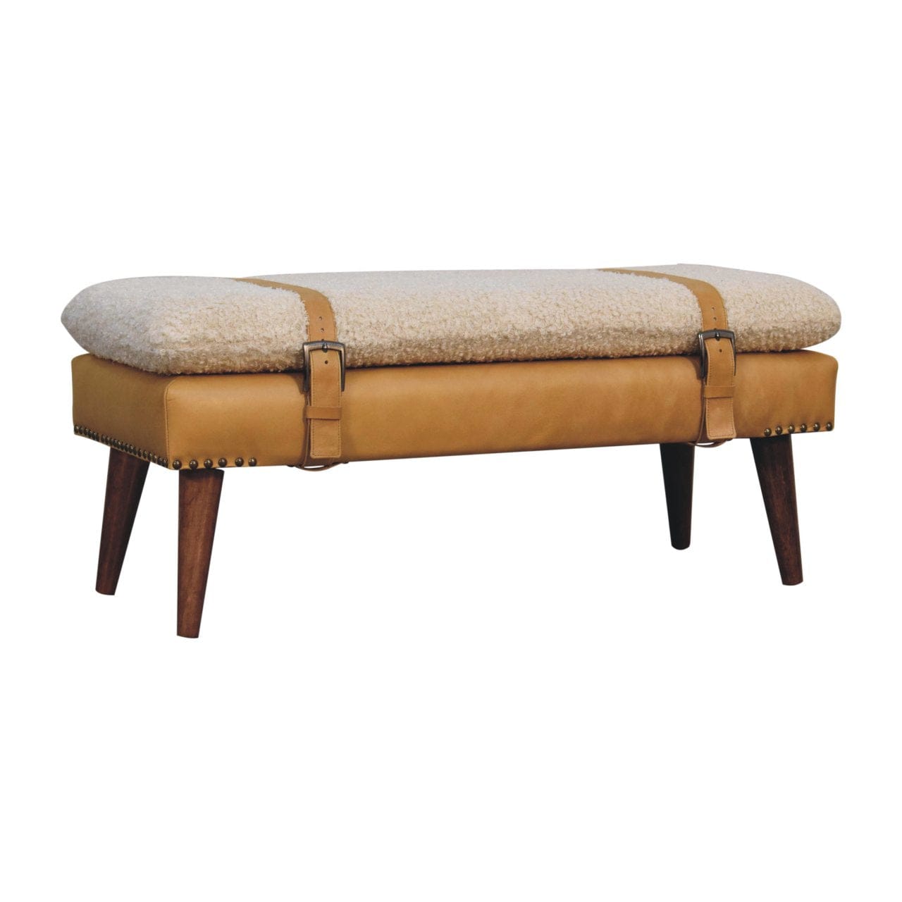 Boucle x Tan Leather Bench - Solid Mango Wood Seating Furniture for Entryway, versatile handcrafted bench for home decor.