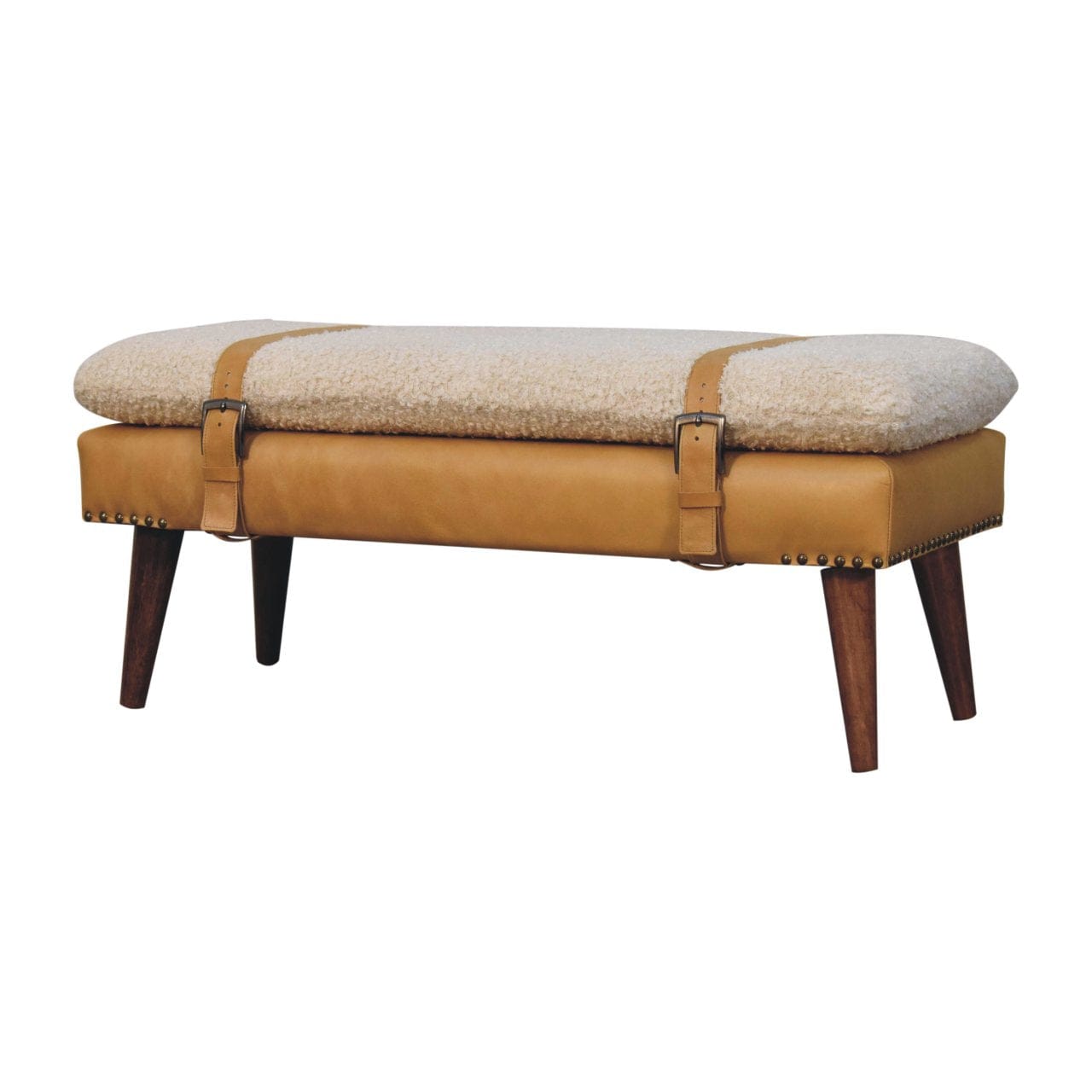 Boucle x Tan Leather Bench - Solid Mango Wood Seating Furniture for Entryway