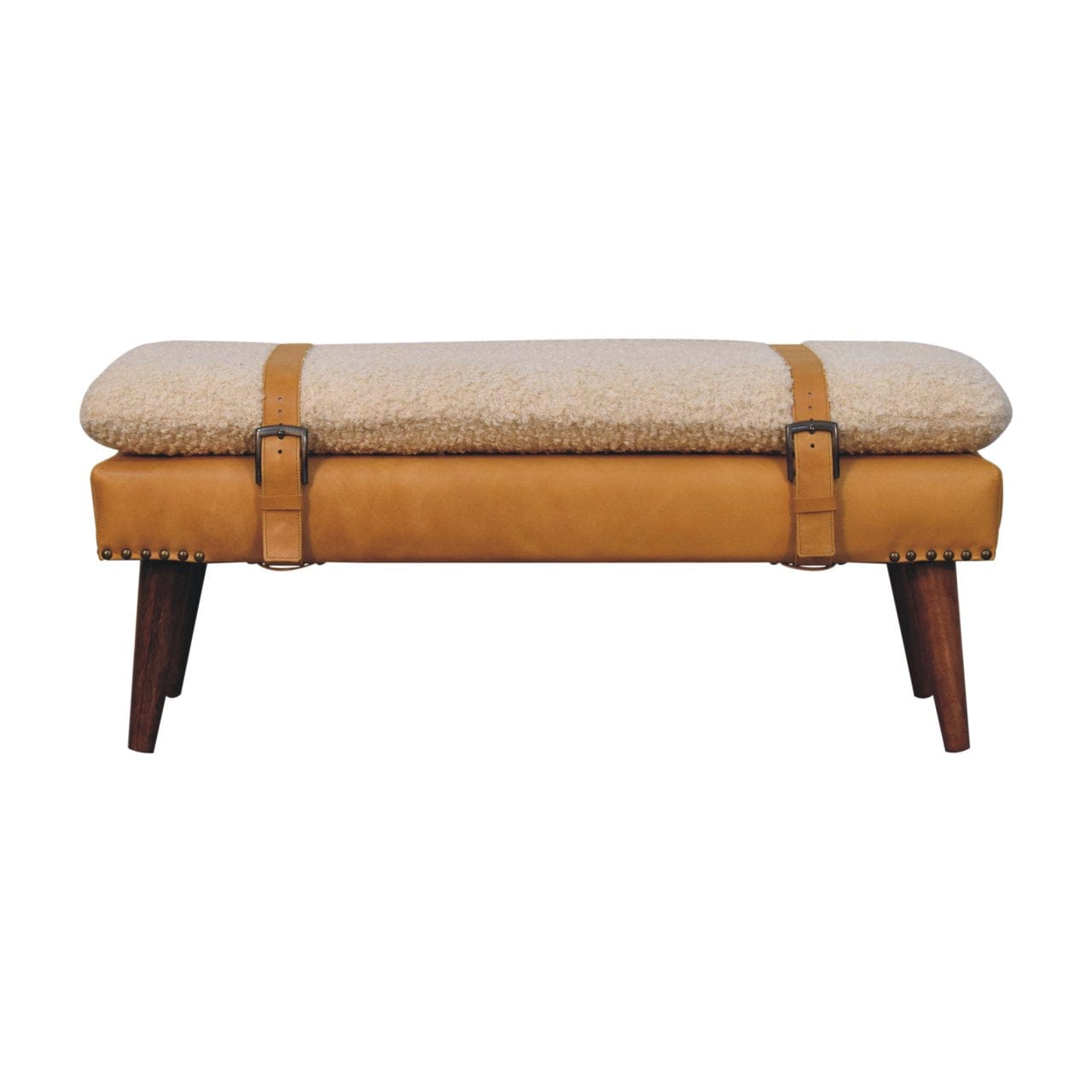 Boucle x Tan Leather Bench - Solid Mango Wood Seating Furniture for Entryway with rustic design and sturdy legs.