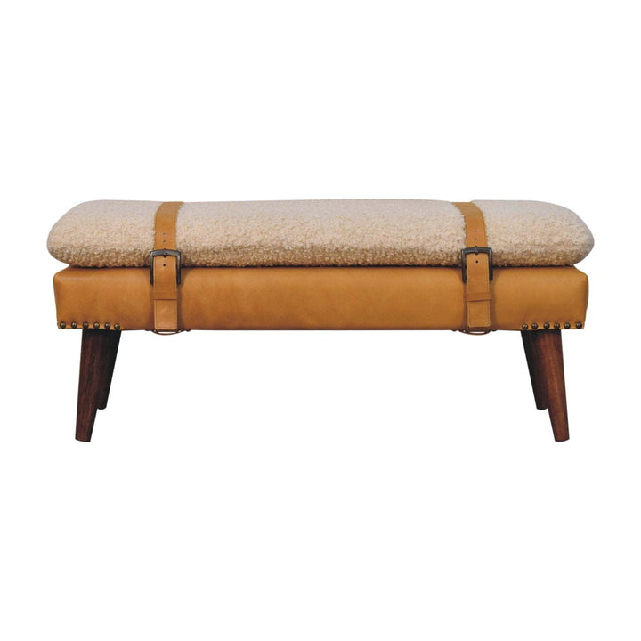 Boucle x Tan Leather Bench - Solid Mango Wood Seating Furniture for Entryway with rustic design and sturdy legs.