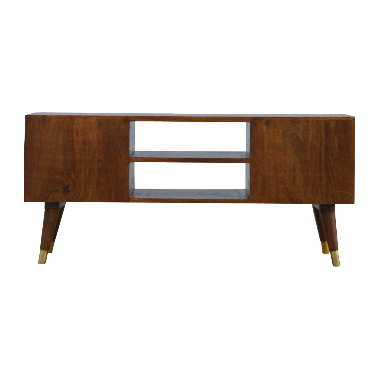 Brass Hole Inlay TV Stand - Solid Mango Wood Entertainment Center for Living Room - product view 7 showing handcrafted...
