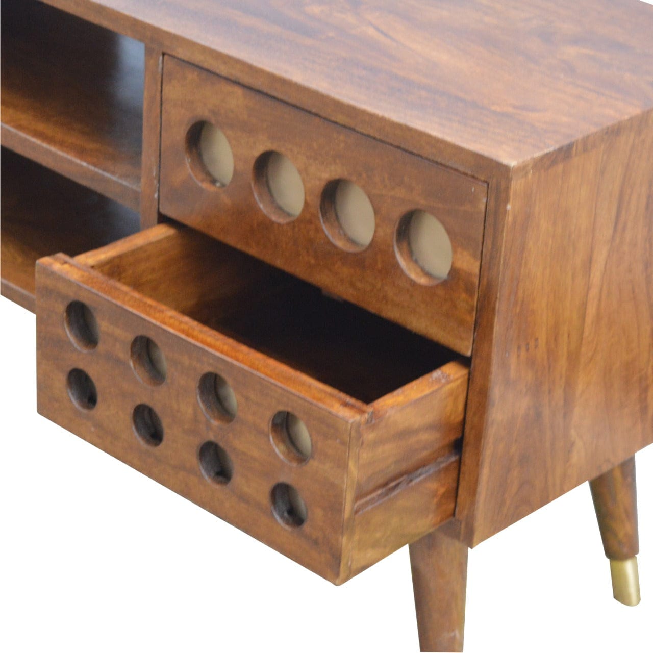 Brass Hole Inlay TV Stand - Solid Mango Wood Entertainment Center for Living Room - product view 6 showing handcrafted...