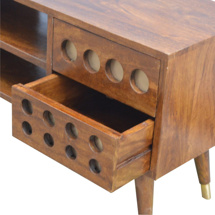 Brass Hole Inlay TV Stand - Solid Mango Wood Entertainment Center for Living Room - product view 6 showing handcrafted...
